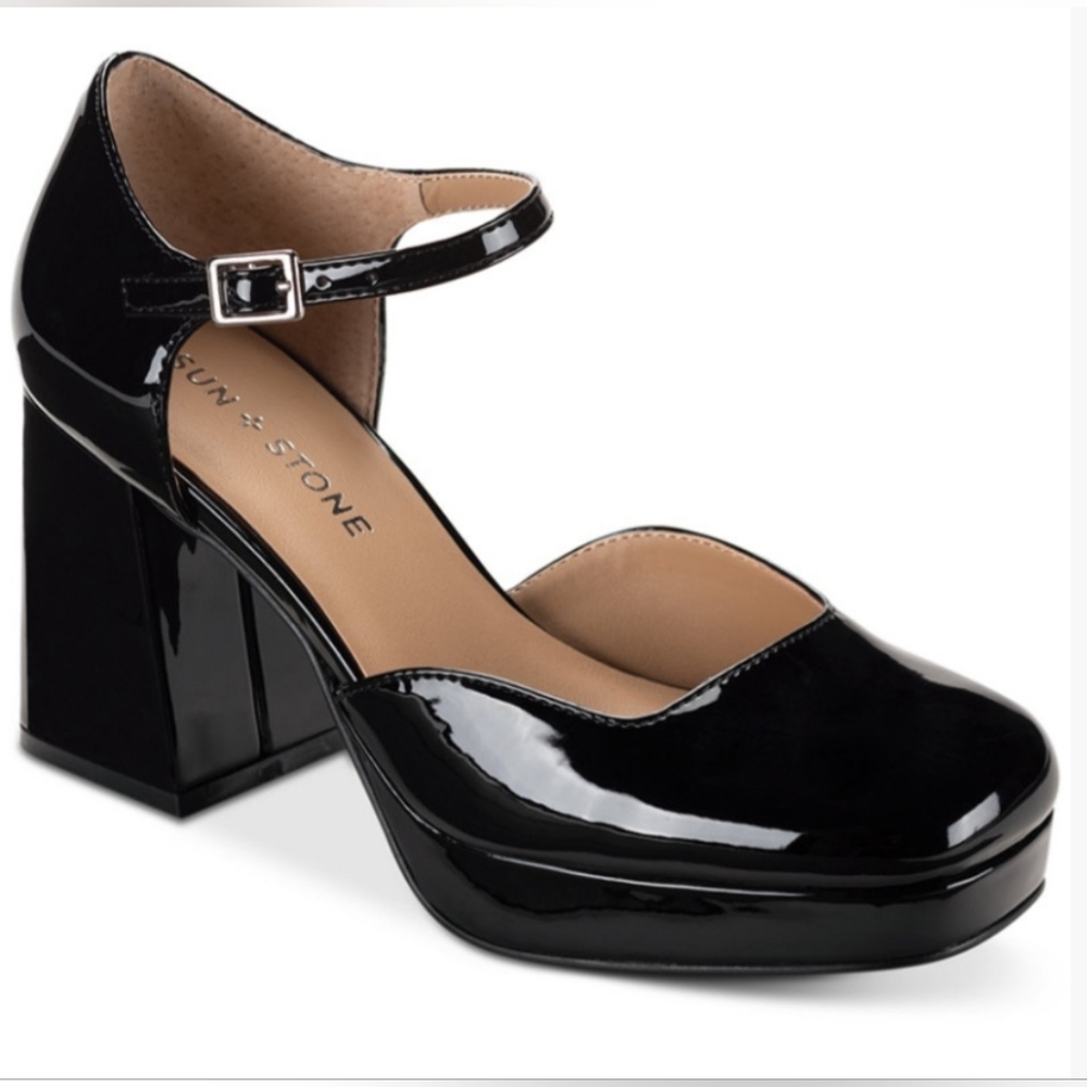Nine West Black Patent Mary Jane Platform Block Heel